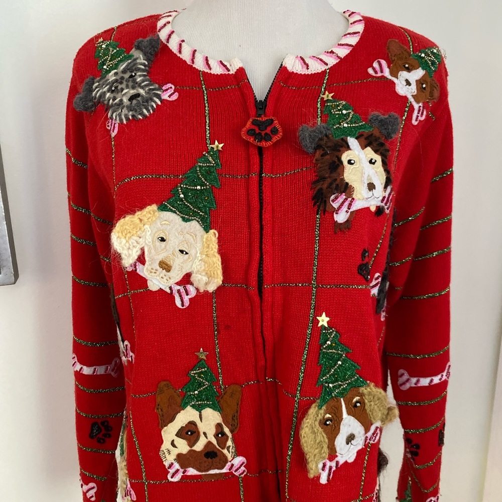 Vintage Design Options Dog Christmas Themed Cardigan Size Medium